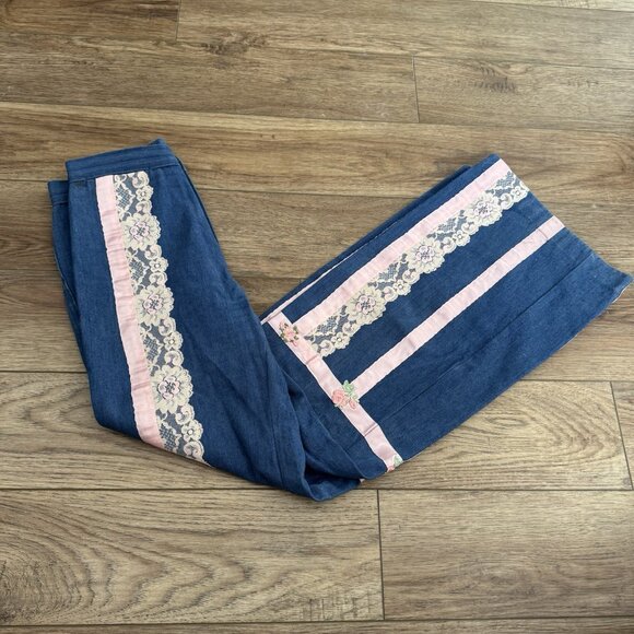 Vintage 70s Petit Fors Floral Lace Flared Jeans - Picture 3 of 12